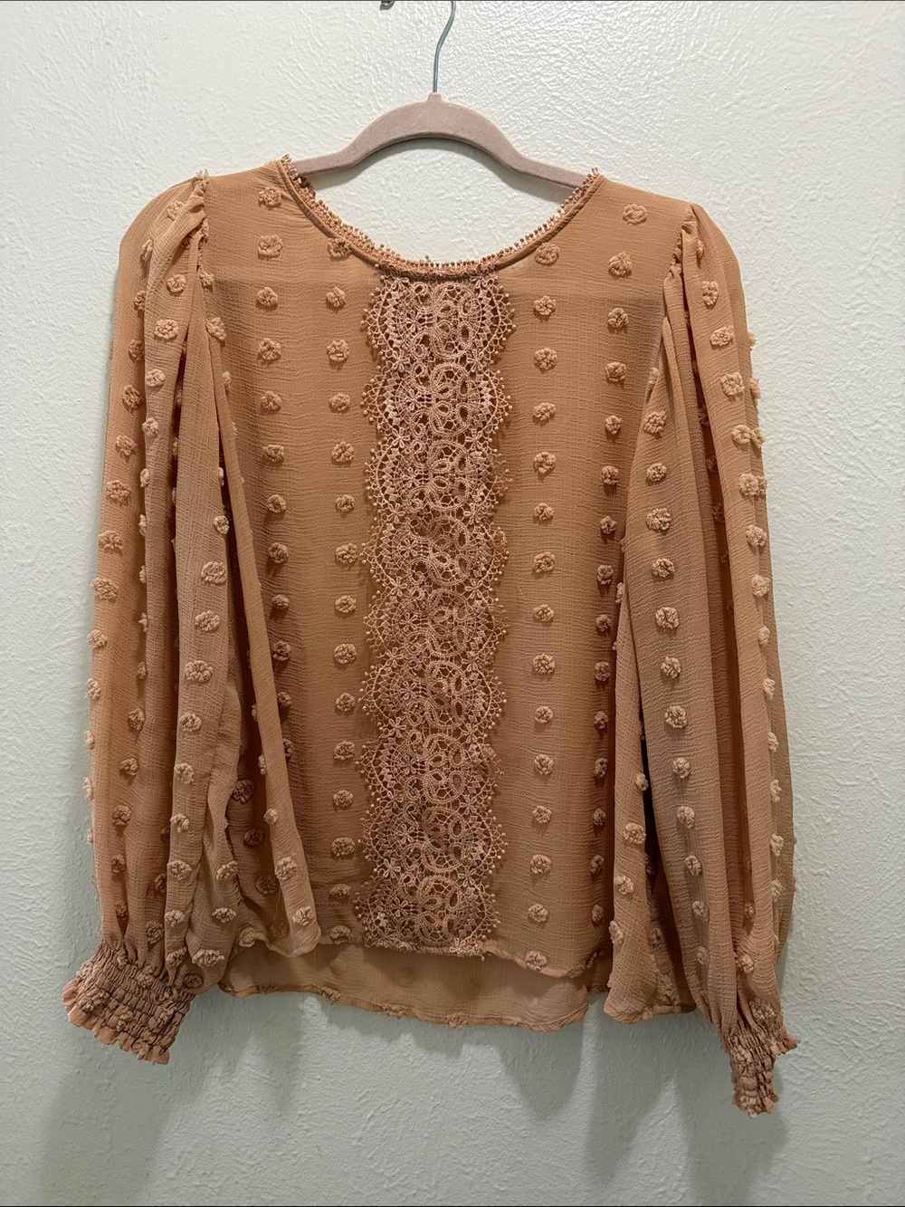 Crochet-Front Puff Sleeve Blouse - Tan